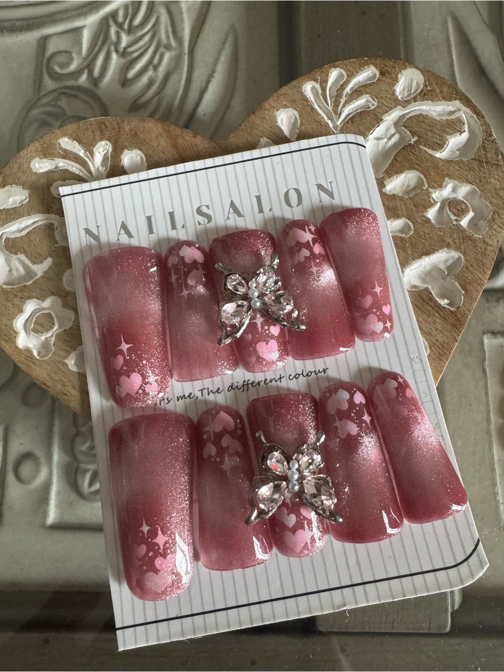 Bonitas Nails Pink Glitter Heart Press-On Nail Set with Rhinestone Butterfly